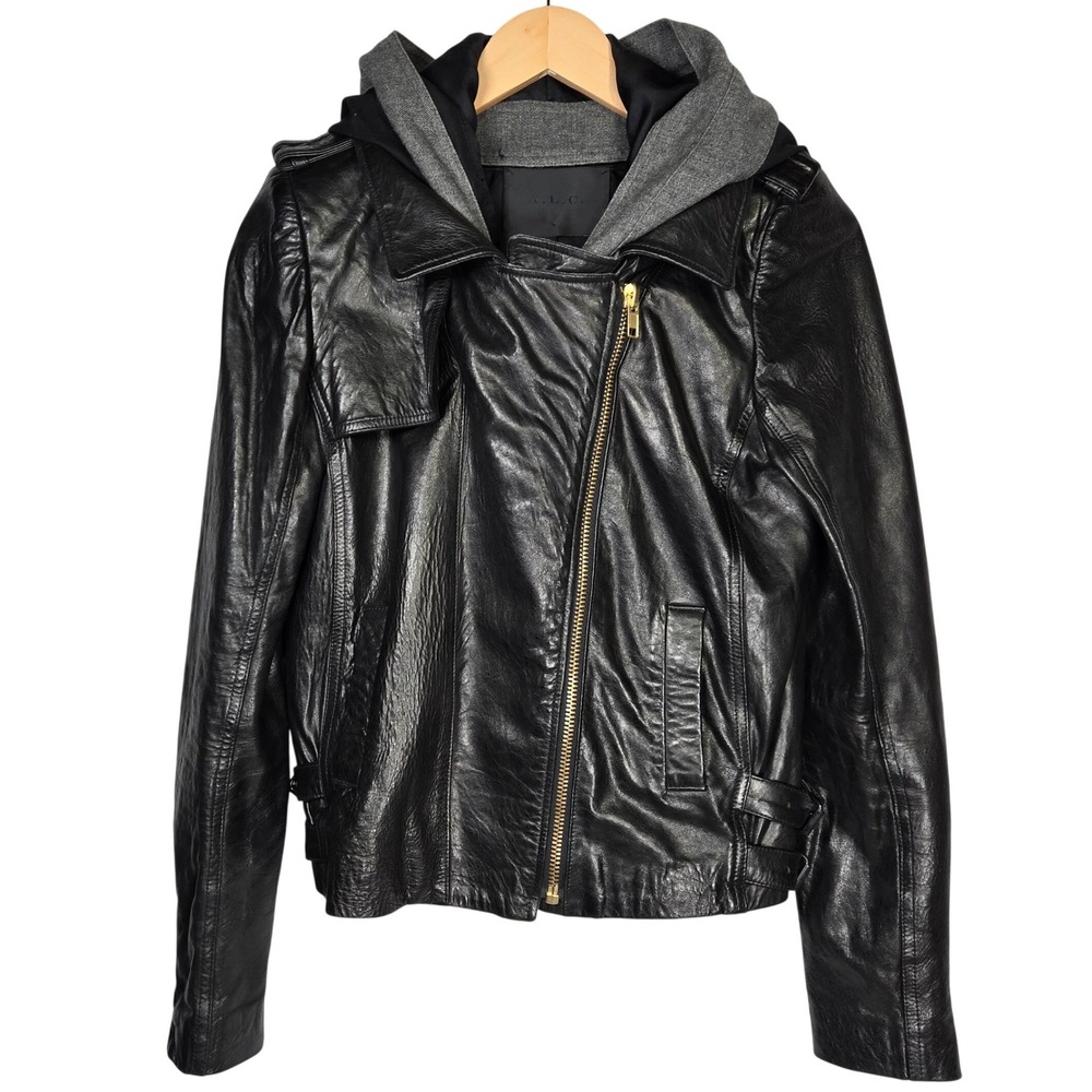 ALC Black Lamb Leather Hooded Moto Jacket Paneled Wool Blend Contrast Trim 4